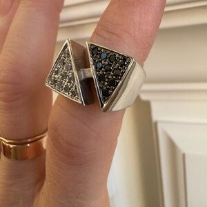 Silver chunky 325 geometric Ring with Black and white faux diamonds size 5.